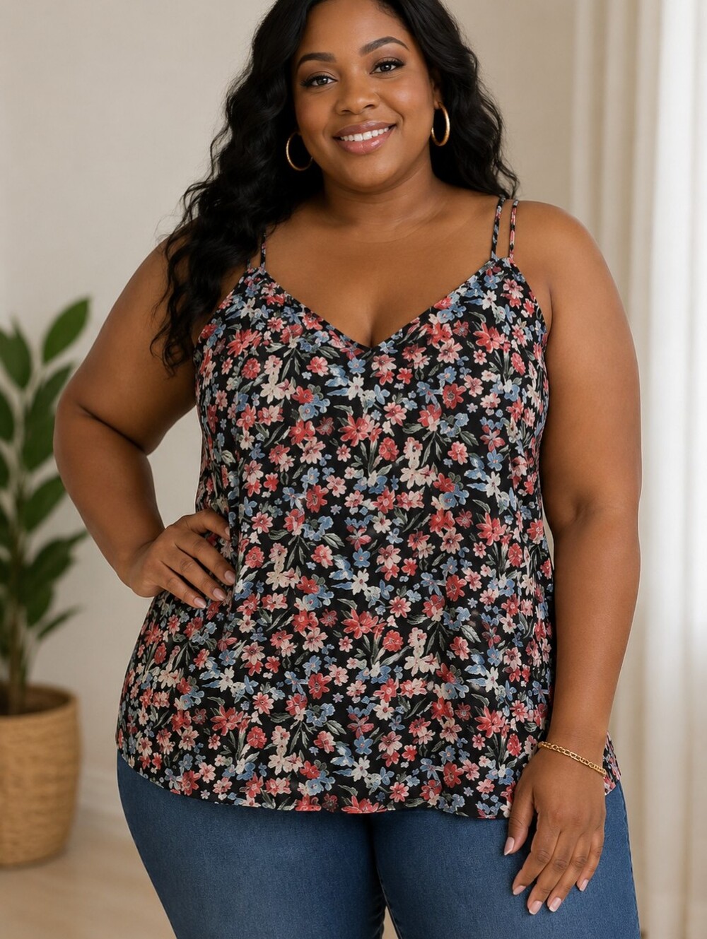Skies are Blue Elegant Black Floral Spaghetti Strap Tank Top 3X - NWOT